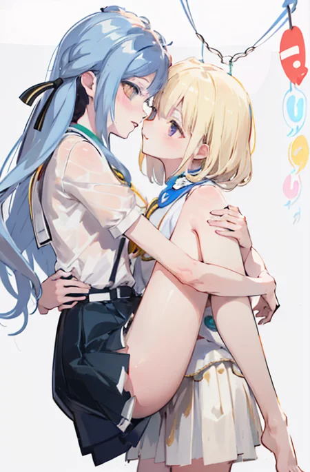 (suspended congress:2),best quality,masterpiece,absurdres,2girls,yuri,from side,facing another,
looking at another,hug,bare legs,PIXIV,<lora:style-ç¾åè±å¼yuri Lora:0.5:lbw=0,0,0,0,0,0,1,1,0,0,0,0,0,0,0,0,0>,
(blush:1.1),
ADDCOMM,
leg clamping,leg fold,thighs lift,(thighs raise up:1),
<lora:char-mygo_丰å·ç¥¥åtogawa_sakiko_bangdreamitsmygo:0.7:lbw=0,0,0,0,0,0,0,0,1,1,1,1,0,0,0,0,0>,togawa_sakiko_bangdreamitsmygo,人-mygo-mygo_丰å·ç¥¥åtogawa_sakiko_bangdreamitsmygo,embarrass,parted lips,shy,
yellow eyes,(black_ribbon:1.1),light blue hair,(ribbon:1.1),(hair_ribbon:1.1),long_hair,bangs,sidelocks,short socks,black loafers,miniskirt,frilled shirt,flat chest,
ADDCOL,
standing,
<lora:char-mygoä¸è§åè¯ Misumi Uika (Bang dream! Ave Mujica):0.7:lbw=1,0,0,0,0,0,0,0,1,1,0,0,0,0,0,0,0>,
misumi uika,bright blonde hair,purple eyes,elder sister,
shorter hair,white shirt,dark yellow skirt,short sleeves,bare shoulders,flat chest,