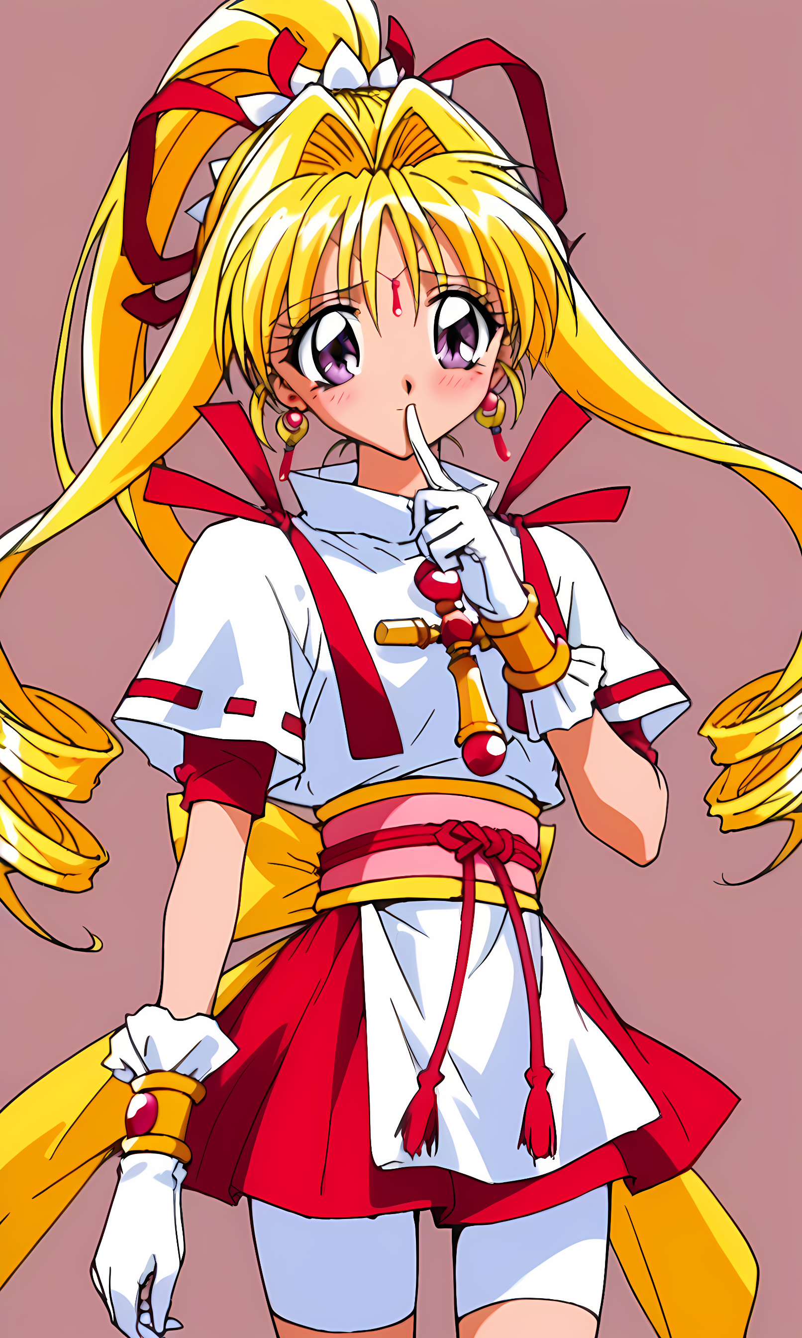 8k, best quality, solo, cute, score_9, score_8_up, score_7_up, 90s anime, masterpiece, source_anime,  KKJs2, artist A style, purple eyes, forehead jewelry, blonde hair, very long hair, hair intakes with drill long sidelocks, one high drill ponytail at the back, red hair ribbon with white octagonal decoration, earrings, red inner clothes with white edges, white outfit, folded standing collar, white collar, white side slit and long shirt tail, red accents on white short sleeves, short red inner sleeves, exposed lower arms, shoulder decorations, red ribbon decorations on shoulders, cross ornament on chest, gold bracelet, long white gloves, (red and yellow sash:1.2), red rope with tassels, large yellow bow, red layered miniskirt, white bike shorts, covering thighs, bare thighs between bike shorts and boots, cowboy shot, half-closed eyes, shy, blush, looking to the side, pink background, finger to mouth, front view