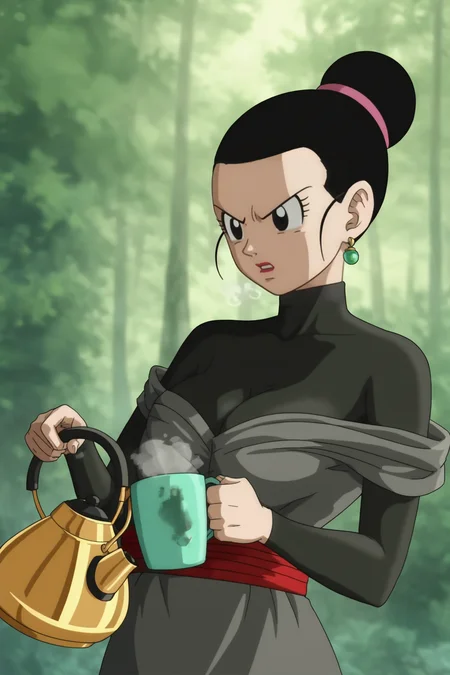 source_anime, score_9, score_8_up, score_7_up, anime screencap, absurdres, official style,
chi-chi black,
single hair bun, 1girl, solo, black hair, hair pulled back, black eyes, eyelashes, open mouth, serious, potara earrings, dougi, black topwear, black undershirt, long sleeves, turtleneck, red sash, steam, looking down, kettle, wind lift, arm by side, v-shaped eyebrows, forest, teeth, medium breasts, off shoulder, cup, holding cup, holding kettle, pouring, lipstick
<lora:chichiDBS_pony_v1:0.8>