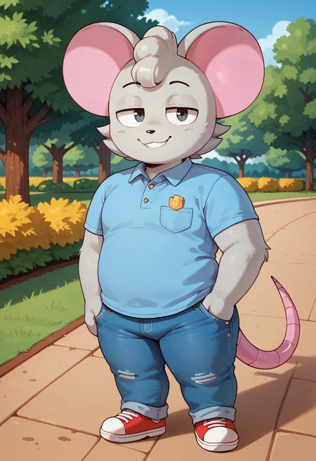 score_7_up, score_8_up, score_9, mouse, 1boy, solo, male, gray fur, furry, blue polo shirt, full body, cartoon, smile, :3, mouse tail, long tail, Park, jeans, standing, Shortstack,