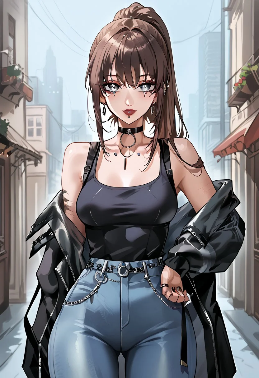 score_9, score_8_up, score_7_up, score_6_up, 1girl, expulse, medium hair, side-swepped bangs, brown hair, purple streaks, ponytail, BREAK, grey eyes, short neck, gorgeous lips, ear piercings, BREAK, medium breasts, pale skin, BREAK, solo, alone, black tanktop, tight jeans, sexy gal, no make-up (masterpiece:1.2), best quality, high resolution, unity 8k wallpaper, (illustration:0.8), (beautiful detailed eyes:1.6), extremely detailed face, perfect lighting, extremely detailed CG, (perfect hands, perfect anatomy),