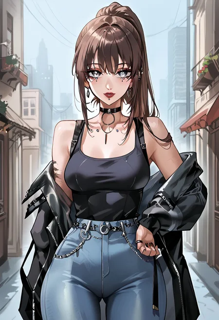 score_9, score_8_up, score_7_up, score_6_up, 1girl, expulse, medium hair, side-swepped bangs, brown hair, purple streaks, ponytail, BREAK, grey eyes, short neck, gorgeous lips, ear piercings, BREAK, medium breasts, pale skin, BREAK, solo, alone, black tanktop, tight jeans, sexy gal, no make-up (masterpiece:1.2), best quality, high resolution, unity 8k wallpaper, (illustration:0.8), (beautiful detailed eyes:1.6), extremely detailed face, perfect lighting, extremely detailed CG, (perfect hands, perfect anatomy),