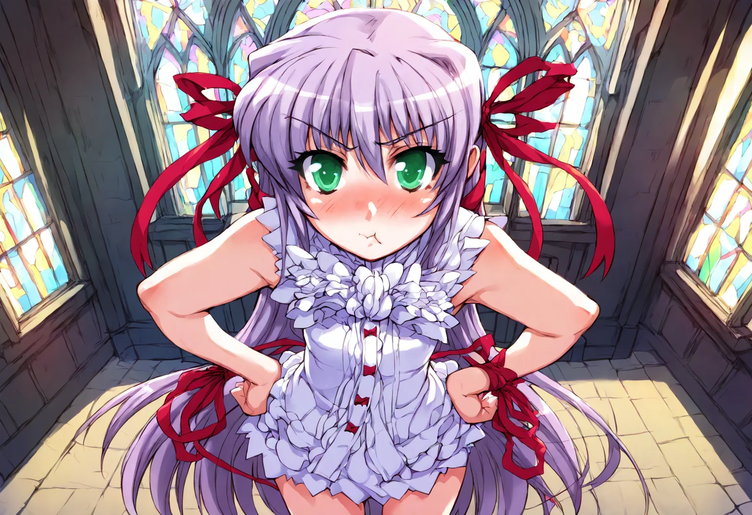 score_9, score_8_up, score_7_up, score_6_up, score_5_up, score_4_up, source_anime, uncensored, zPDXLxxx, <lora:intricate_details:0.5> intricate_details_xl, indoors, church, cowboy shot, window, sunbeam, depth of field, from above
<lora:Al_Azif_v1.1:1> Azif, al azif, 1girl, solo, default outfit, long hair, ribbon, purple hair, green eyes, hair ribbon, looking at viewer, (full-face blush:0.8), (puffy cheeks:0.85), (pout:0.85), hands on own hips,