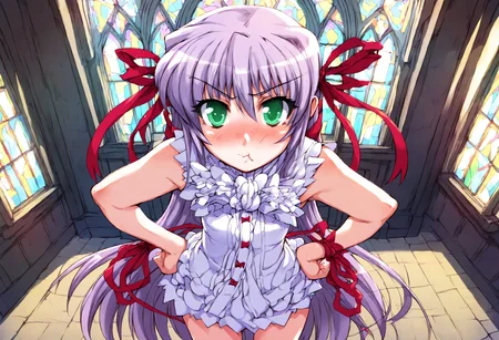 score_9, score_8_up, score_7_up, score_6_up, score_5_up, score_4_up, source_anime, uncensored, zPDXLxxx, <lora:intricate_details:0.5> intricate_details_xl, indoors, church, cowboy shot, window, sunbeam, depth of field, from above
<lora:Al_Azif_v1.1:1> Azif, al azif, 1girl, solo, default outfit, long hair, ribbon, purple hair, green eyes, hair ribbon, looking at viewer, (full-face blush:0.8), (puffy cheeks:0.85), (pout:0.85), hands on own hips,