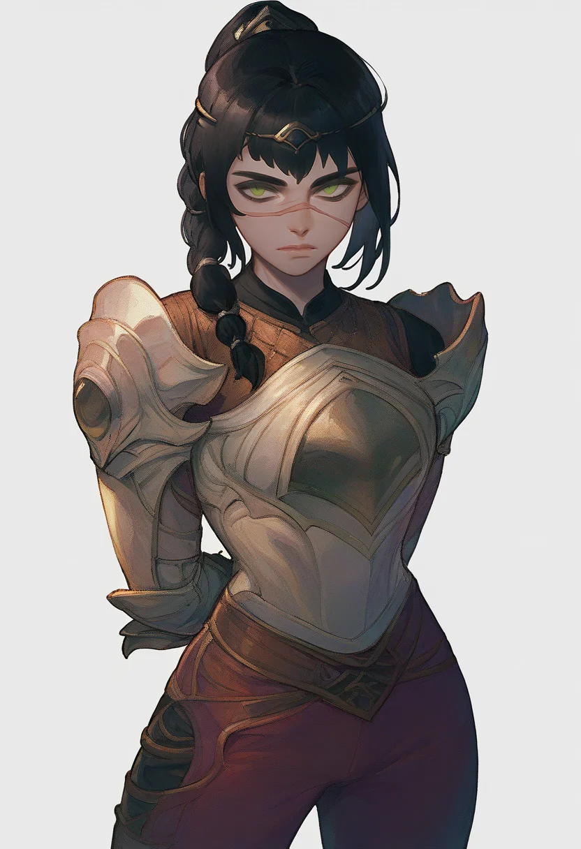 score_9, score_8_up, 1girl, solo, shadowheart, black hair, braided ponytail, no pupils, green eyes, scar on face, circlet, looking at viewer, armor, pants,
arms behind back, standing, looking at viewer, white background <lora:ShadowHeartXL:0.8> <lora:MoryoXLLocon:1>