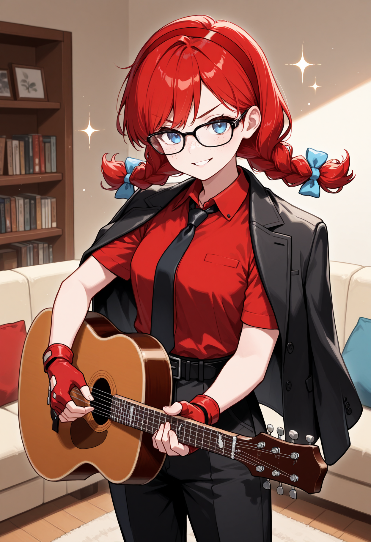 masterpiece, best quality, 1girl, solo, w3ndys, freckles, long hair, red hair, low twin braids, hair bow, blue bow, red shirt, collared shirt, suit, black jacket, short sleeves, (jacket on shoulders:1.2), sunglasses, red hairband, sparkle, indoors, couch, music, playing instrument, holding, holding instrument, black pants, black belt, black necktie, red gloves, fingerless gloves, living room, cushion, bookshelf, acoustic guitar, guitar, holding guitar, blue eyes, standing, looking at viewer, v-shaped eyebrows, smile, parted lips