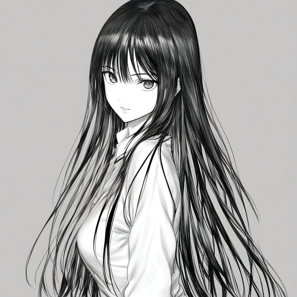 1girl, monochrome, greyscale, looking at viewer, black hair, long hair