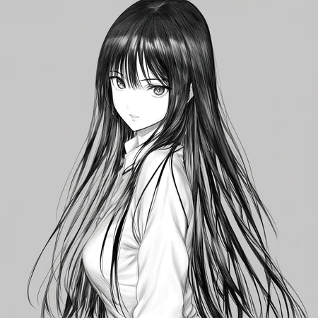 1girl, monochrome, greyscale, looking at viewer, black hair, long hair