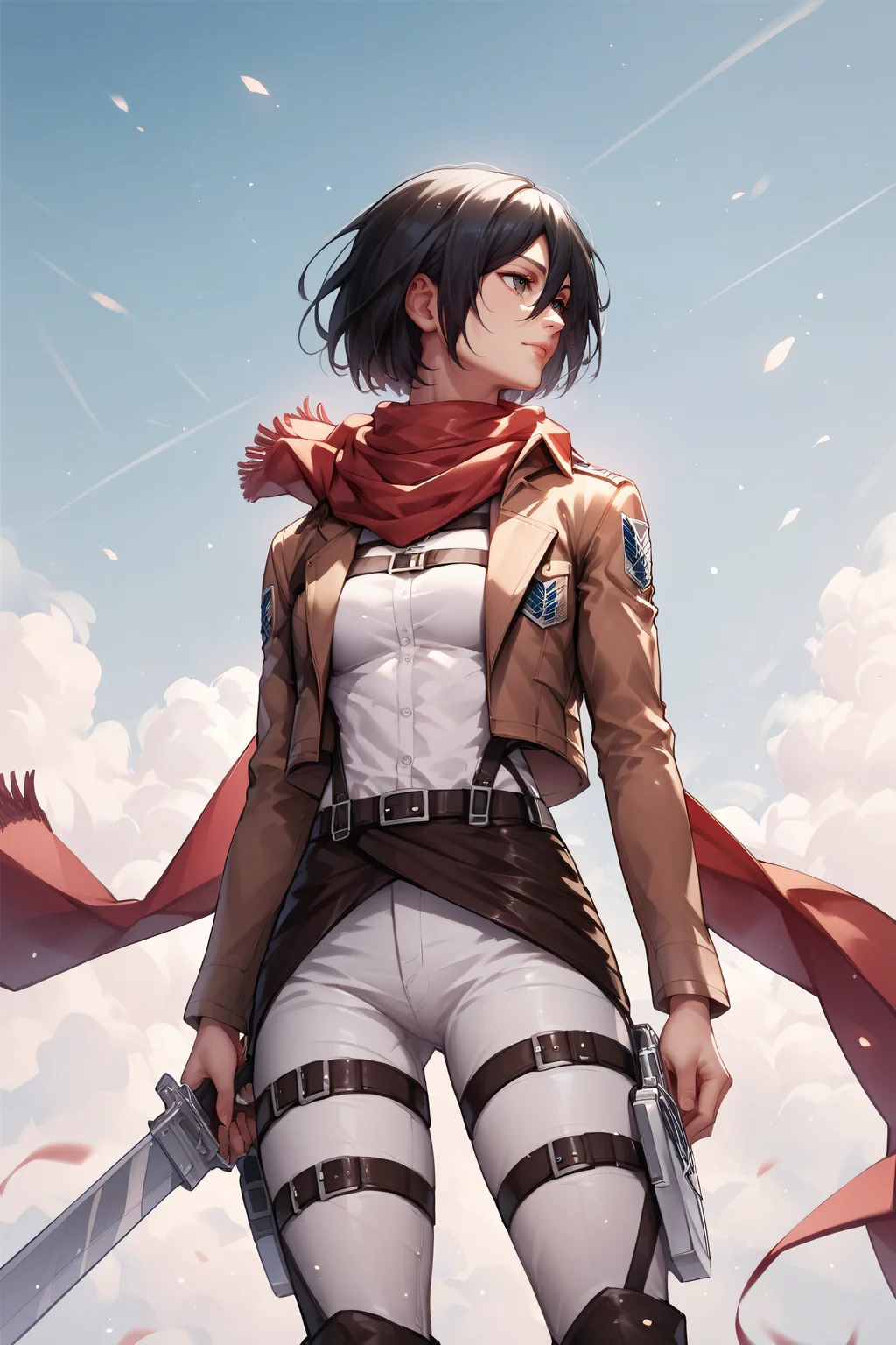 score_9, score_8_up, score_7_up, score_6_up, score_5_up, score_4_up, <lora:mikasa ackerman-PonyXL:0.8> mikasa ackerman, black eyes, black hair, short hair, white shirt, thigh strap, open cropped brown jacket, red scarf, white pants, survey corps \(emblem\), boots, standing,