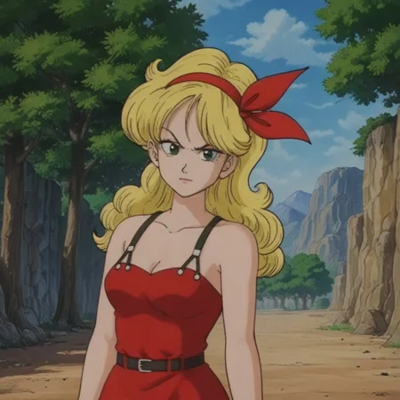 Outdoors, trees, blue sky, mountains, source_anime, source_cartoon, Thick outlines, 80s style anime filter,
launch bad, blonde hair, long hair, curly hair, green eyes, red dress, fierce look,