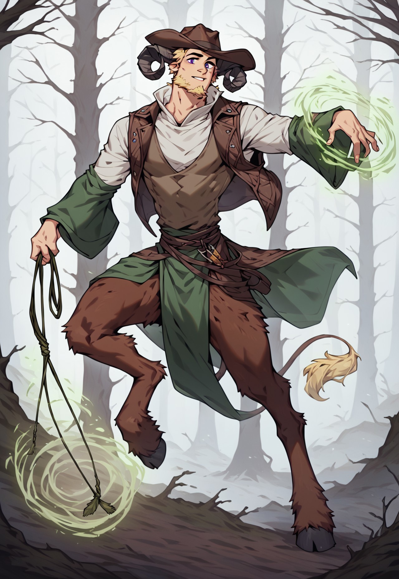 score_9_up, score_8_up, score_7_up, 1man, solo, extremely handsome, satyr, faun, (((long brown curled ram horns, ram horns))), 30yo, male focus, manly, dark royal purple eyes, <lora:PerfectEyesXL:1.0> perfecteyes, slight smirk, mouth closed, ((short straw blonde hair, clipped sides, sideburns, goatee)), very masculine human face with deep lines and creases, strong jawline with high strong cheekbones, chiseled chin, thin lean frame, slim lean body, light hairy arms, thick ram legs, hooves, ((1 lion tail with yellow tuft at end)), long goat ears, fur on legs, tan brown fur, (((country style clothing, high collar, wearing long dark green and dark brown robes with long wide sleeves, billowing dark green and dark brown robes, flowing dark green and dark brown robes, vested shirt under robes))), ((((dark green long wide oversized wizard sleeves)))), (((((wild west outlaws style, brown leather, wearing long dark brown vest,))))), ((((wearing dark brown large wide-brimmed cowboy hat,)))), cowboy, long flowing forest green loincloth of leaves, full body, tree roots, cinematic lighting, sunlit hazy woods of giant tree trunks with sunbeams, foggy sunlit forest of giant trees, ((action shot, right hand gripping single stranded green whip dragging ground, whipping ground)), ((left hand casting spell, runemagic, green magic spell)), leaning forward