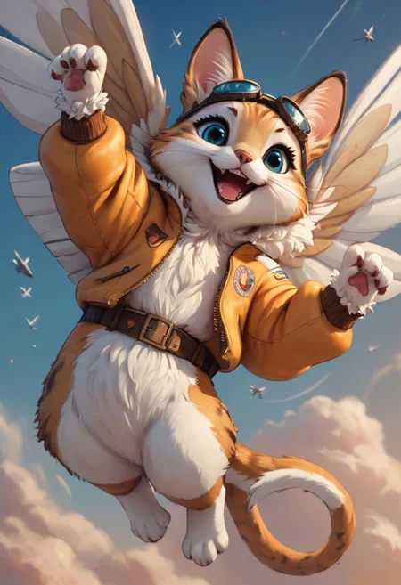 score_9, score_8_up, score_7_up, score_6_up, score_5_up, score_4_up, a kitten, with a bomber jacket and flight goggles in a biplane, positive, happy,