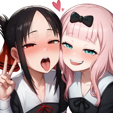 score_9, score_8_up, score_7_up, <lora:fluffy_kaguya-sama_pruned:0.4>, fluffy, 2girls, shuuchiin academy school uniform, black dress, upper body, <lora:add-detail-xl:3>,
BREAK
kaguya, kaguya horny face, horny, blush, open mouth, tongue out, double v,
BREAK
chika, chika smug face, smug, blush, open mouth, tongue out,