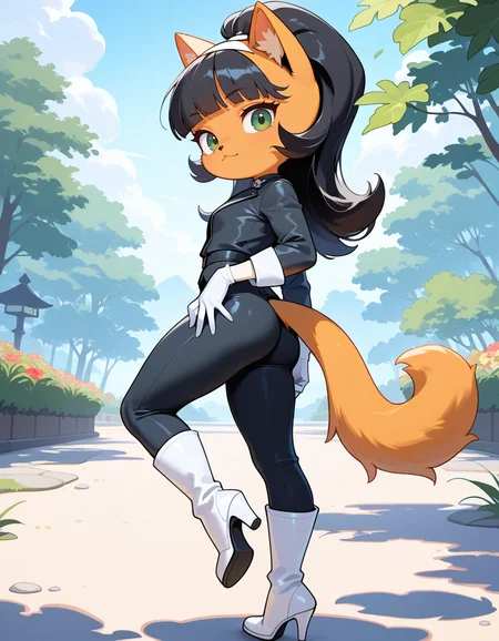 masterpiece, best quality, very aesthetic, absurdres,
outdoors, posing, 
white gloves, white high heel boots, black pants, black jacket, long sleeves, 
<lora:Kitty_Katswell_v01_NAIXL:1>
K1tty_Kat6w3311, 1girl, solo, furry, furry female, animal ears, long hair, black hair, hairband, blunt bangs, flipped hair, green eyes, animal nose, body fur, orange fur, cat tail,