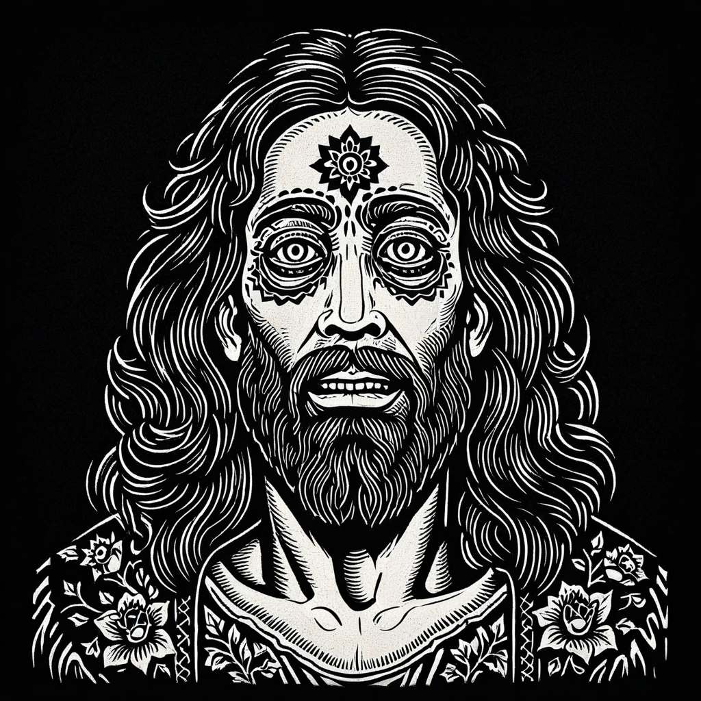 tcc_modernwoodcut, woodcut illustration of  Jesus, Day of The Dead, black background, detailed, engraving
 <lora:Modern_Woodcut:0.85>