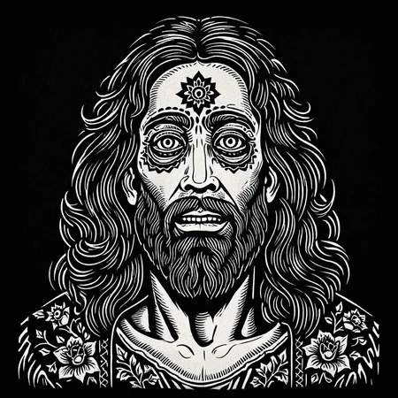 tcc_modernwoodcut, woodcut illustration of Jesus, Day of The Dead, black background, detailed, engraving
<lora:Modern_Woodcut:0.85>