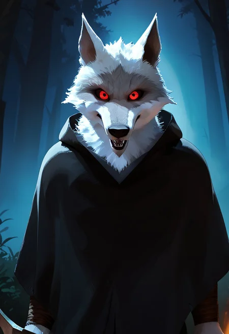 score_9_up, score_8_up, score_7_up, masterpiece, best quality, amazing quality, very aesthetic, absurdres, newest,  high quality, detailed, male, solo male, DeathWolf, 1boy, mature male, male, athletic build, anthro, wolf, white fur, animal ears, red eyes, black sclera, black cloak, looking at viewer, grinning, outdoors, dark (theme), night time, glowing eyes, eye shine, horror (theme), forest, up close, holding bloody sickle