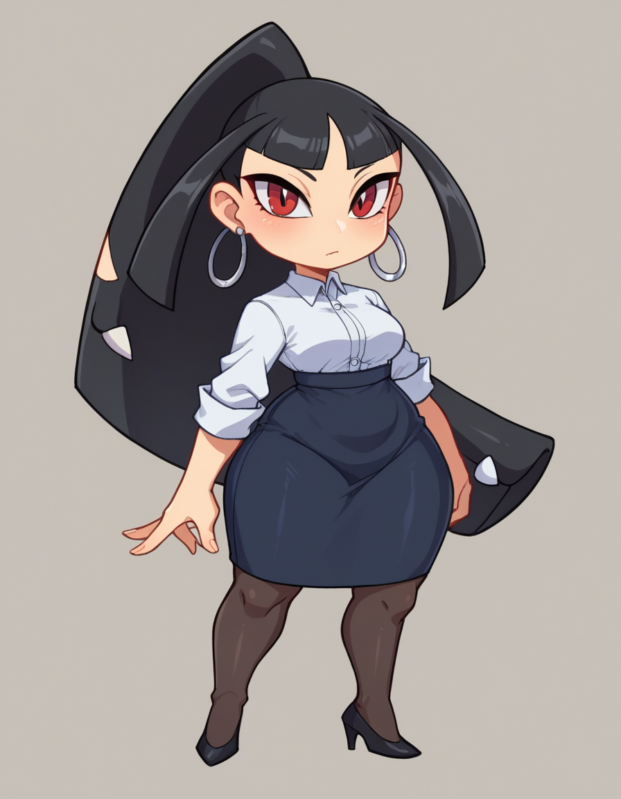 zPDXL, score_9, score_8_up, score_7_up, source_anime, 1girl, solo, 
<lora:Gijinka Mawile v1:0.6> mawile, black hair, blunt bangs, ponytail, red eyes, shortstack, office secretary wearing a classic black patterned blouse, high-waisted trousers, low-heeled loafers, simple hoop earrings,minimalist ring set, subtle eyeliner,light blush,