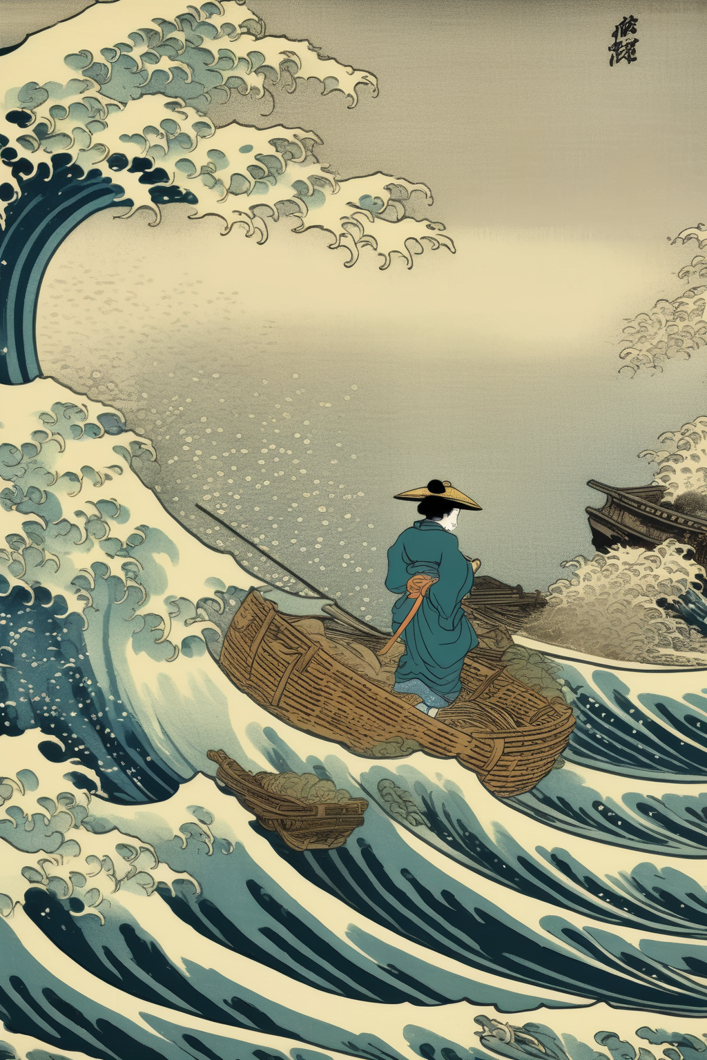 <lora:Ukiyo-e Art:1>Ukiyo-e Art - The Hay Wain's tranquil scene, disturbed by the wild waves of The Great Wave off Kanagawa.