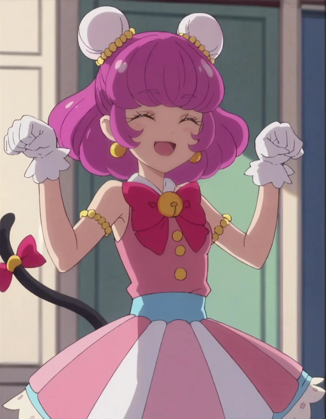 score_9, score_8_up, score_7_up, anime screencap, solo,1girl,mao,   smile, white gloves, pink dress, striped skirt,jewelry, earrings, bow,  sleeveless, bun cover, black cat tail, tail ornament,cowboy shot,closed eyes,blush,paw pose,open mouth,medium breasts<lora:mao:0.8>