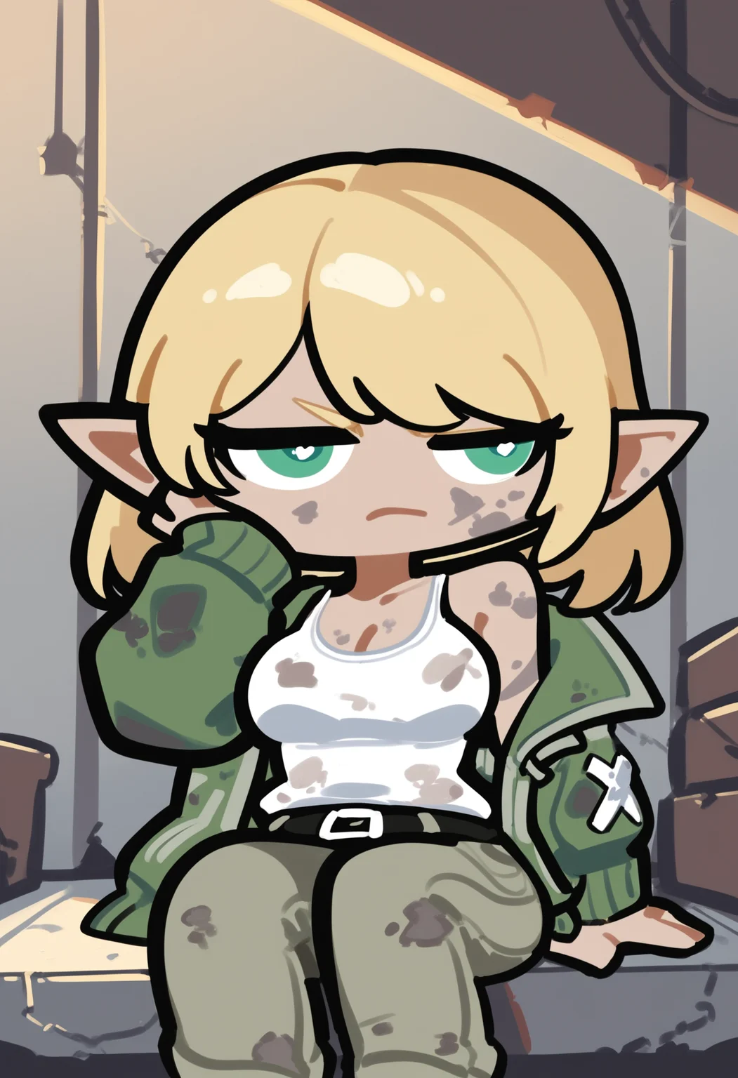 score_9, score_8_up, score_7_up,
solo, cowboy shot, scifi,
1girl, pointed ears, elf, blonde, small eyes, green eyes, medium breasts, medium hair,
cargo pants, tank top, military jacket, breasts outline, dirty, serious, hand on own face,
indoors, sitting,
perfect perspective, looking to the side, 
 <lora:PungsonMoriChibi-style:1>, pungsonmorichibi, chibi,
