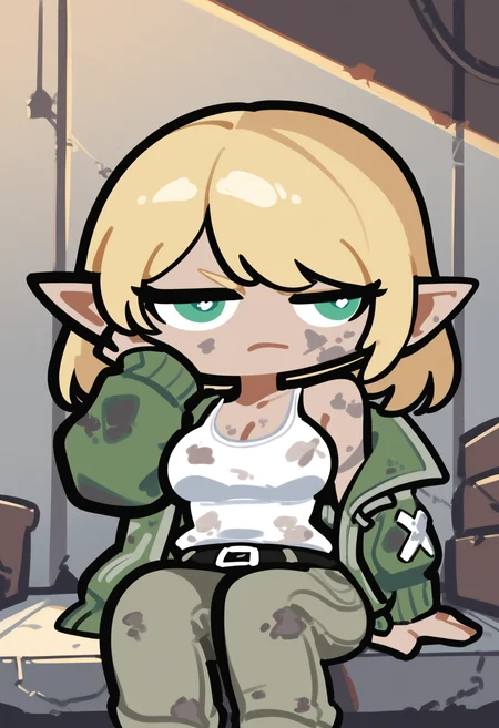 score_9, score_8_up, score_7_up,
solo, cowboy shot, scifi,
1girl, pointed ears, elf, blonde, small eyes, green eyes, medium breasts, medium hair,
cargo pants, tank top, military jacket, breasts outline, dirty, serious, hand on own face,
indoors, sitting,
perfect perspective, looking to the side,
<lora:PungsonMoriChibi-style:1>, pungsonmorichibi, chibi,
