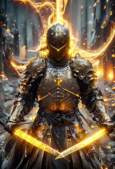 1man, armored samurai in golden samurai armor, wearing samurai helmet and armor,  golden fire, wielding dual swords:1.2, brave perspective, reflection, glowing golden fire, golden lightning shatter, , glowing sword, motion blur, emphasis line, outdoor in the darkness, looking at viewer, katanas