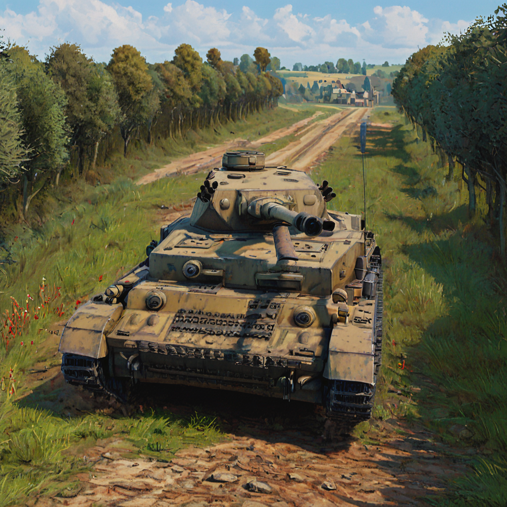 During the D-Day landings and the subsequent Battle of Normandy, a pnzr4tnk tank is deployed in a hedgerow, lying in wait for advancing Allied forces. The bocage country provides natural cover, showcasing the challenges of fighting in the dense, maze-like hedgerows of the French countryside  ((pulp_comic, heavy_lines, hand_drawn, hand_inked, hand_colored, perfect_face, apxlz))