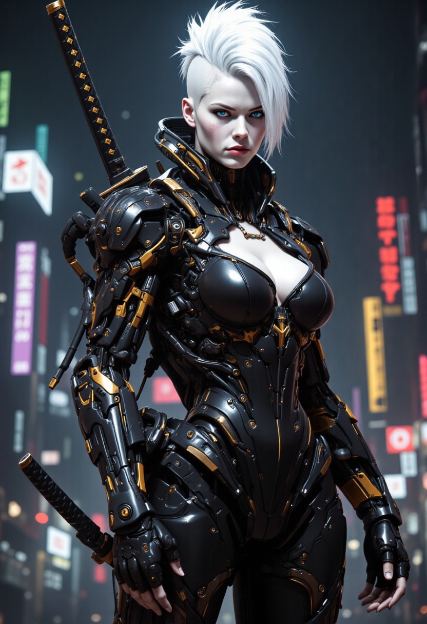 high angle camera view from above and at a distance, realism, skin texture style, Photo Quality Gorgeous Female Face, Ultra Pale Extremely White Skin, Tall White Mohawk Hair Punk Style with sides of head shaved, detailed facial expression, High details face, High detailed Eyes, Full Body view, Mecharmor, futuristic, Jet Black with Very Dark Gold Trim Exosuit, Heavy Mech, Dynamic Aggressive Combat Pose, busty breasts, Cleavage with Covered Nipples, Exosuit, Extremely Low V cut top, Power Armor, futuristic, Tactical Futuristic Samurai Sword, Perfect hand, Heavy Mech, Armor Color Jet Black with Very Dark Gold Trim, Robot, Full body, Ready to strike, futuristic, (off-center composition, left aligned, Portrait),  Detailed hand, battle-worn, Gothic Neon Cyberpunk Night City Cityscape Background, cinematic film still glamorous photo dark art by Rafael Zabaleta, expressionism art by Asger Jorn, vibrant, Abstract expressionism, experimental painting techniques, bold bright colors, dynamic compositions, Expressionism, emotive brushwork, brilliant tones, dramatic lighting, introspective themes. high fashion, luxurious, extravagant, stylish, sensual, opulent, elegance, stunning beauty, professional, high contrast, detailed. shallow depth of field, vignette, highly detailed, high budget, bokeh, cinemascope, moody, epic, gorgeous, film grain, grainy