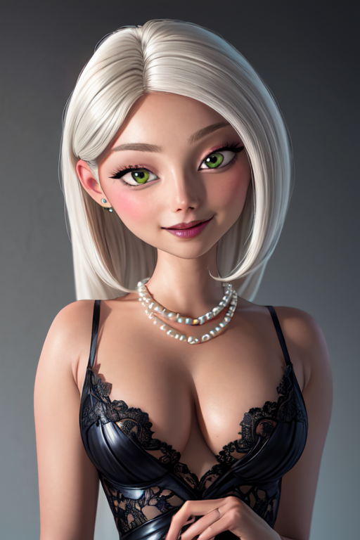 (masterpiece:1.2), (best quality), (ultra detailed), (8k, 4k, intricate),(full-body-shot:1), (highly detailed:1.2),(detailed face:1.2), (detailed background),detailed landscape, (dynamic pose:1.2), <lora:more_details:0.5> <lora:mirage:0.7>miragex,1girl, solo, long hair, breasts, smile, white hair,green eyes, dress, cleavage, jewelry, medium breasts, necklace, black dress, makeup, pearl necklace,