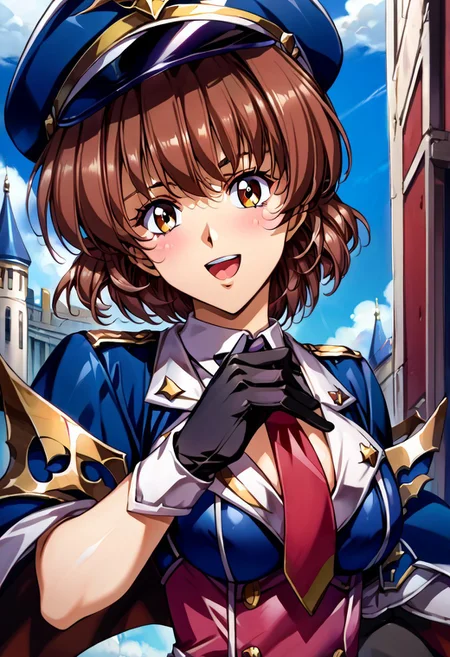 (score_9,score_8_up,score_7_up,source_anime,(masterpiece:1.2),best quality,very aesthetic,public indecency,absurdres),masterpiece,best quality,very aesthetic,absurdres,fantasy,1girl,solo, ,ahoge,brown hair,brown eyes,short hair,,<lora:Fixhands_anime_bdsqlsz_V1:1>, blue jacket, black pants, red necktie, short necktie, peaked cap, emblem, military uniform, black gloves, half gloves, yellow shirt, double-breasted , open mouth, blush,light smile looking at viewer,(upper body, close-up,:1.3), outdoors,, masterpiece,best quality, very aesthetic, absurdres, ultra detailed, high resolution, 4k, extremely detailed CG,