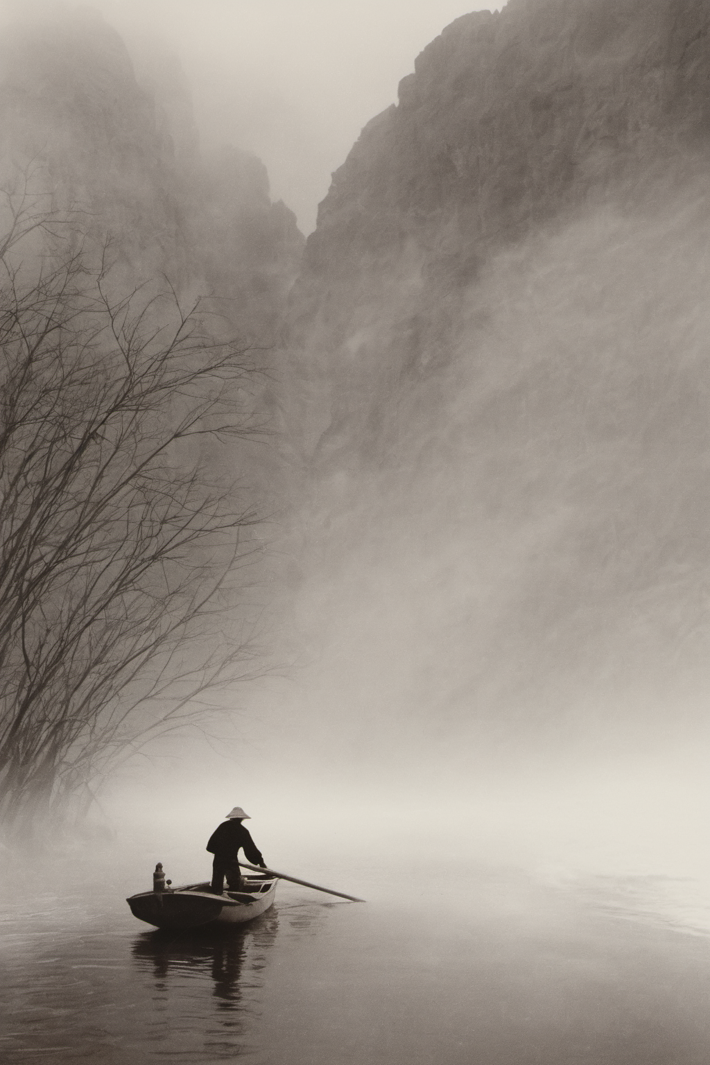 monochrome, traditional media, old man, boat,  Rowing, canyons, mist, branches  <lora:langjingshan-000005:0.9>