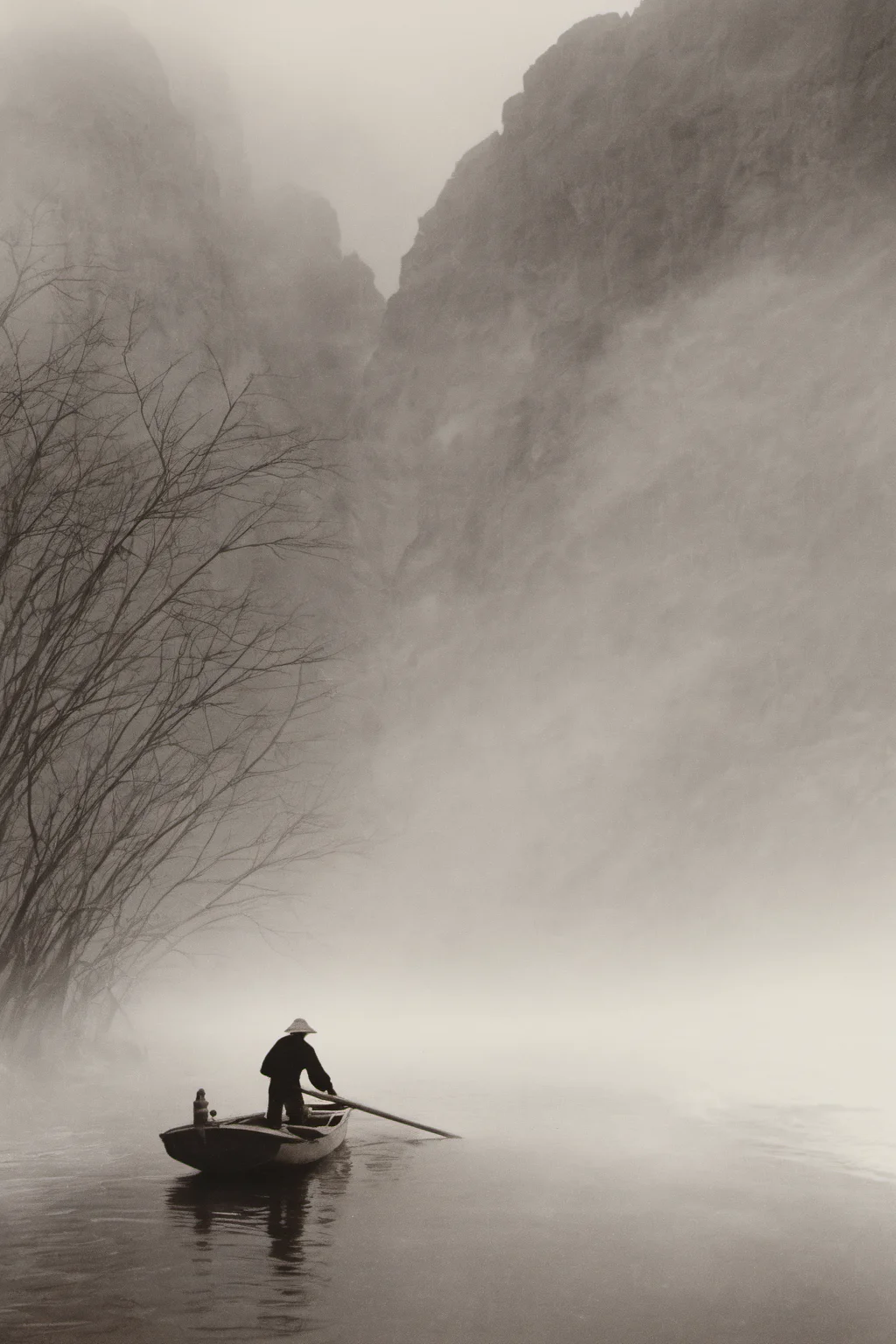 monochrome, traditional media, old man, boat, Rowing, canyons, mist, branches <lora:langjingshan-000005:0.9>