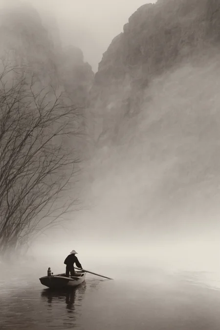 monochrome, traditional media, old man, boat, Rowing, canyons, mist, branches <lora:langjingshan-000005:0.9>