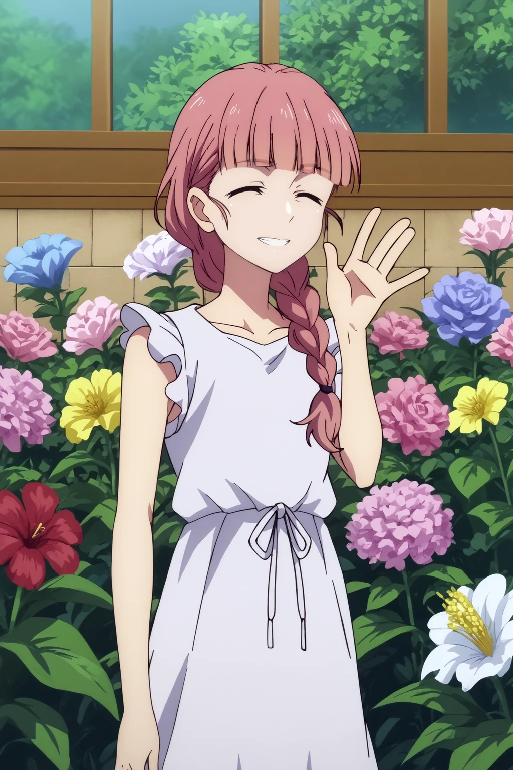 tokiko hishigata,1girl,solo,braid,hair over shoulder,long hair,bangs,blunt bangs,dress,standing,smile,closed eyes,waving,cowboy shot,upper body BREAK outdoors,flower,flower_field, pink flowers <lora:Tokiko_Hishigata_-_Summer_Time_Rendering.safetensors:0.8> <lora:detailed_backgrounds_v2.safetensors:0.5>