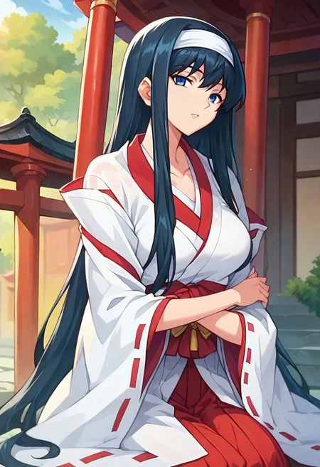 ,senna, score_9,score_8_up,score_7_up,source_anime,2d, anime_screencap, 1girl,solo,white shirt, wide sleeves, hakama pants, japanese clothes, miko, shrine maiden, sitting, japanese temple, looking at viewer, parted lips