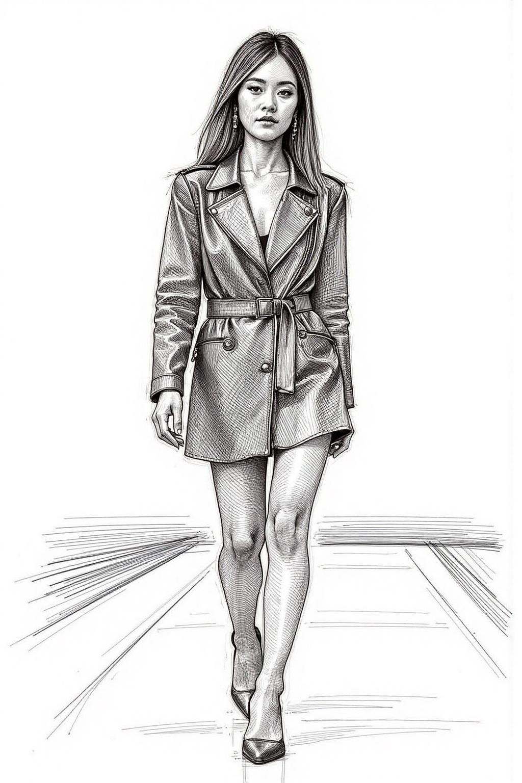 crosshatch black and white drawing of a Asian fashion model with straight long hair on a catwalk. <lora:crosshatch2_nocap_d6a3:1.0><lora:809153460684610300:0>