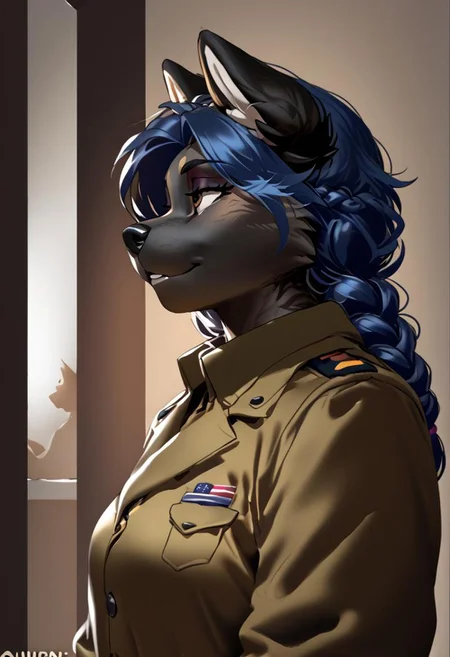 score_9, score_8_up, score_7_up, (by kittydee:1.5), (by jailbird:1.5), (by zummeng:1.5), masterpiece, best quality,
(Furry Art: Anthro: American Akita:1.5), 1girl, expressive eyes, feminine eyes, perfect face, feminine face, dog, canine, curled tail, multicolored fur, black face fur, pointy dog ears, navy blue hair, braided twintail hair, medium breasts, hunting uniform,