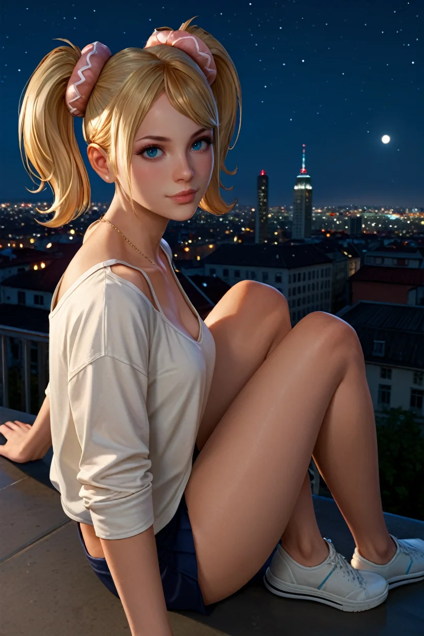 score_9, score_8_up, score_7_up, score_6_up
<lora:LCJuliet:0.8>
LCJuliet, 1girl, blonde hair, twin tails, blue eyes, looking at viewer, overlooking the city from a rooftop bar at night, chic outfit, sitting, full body