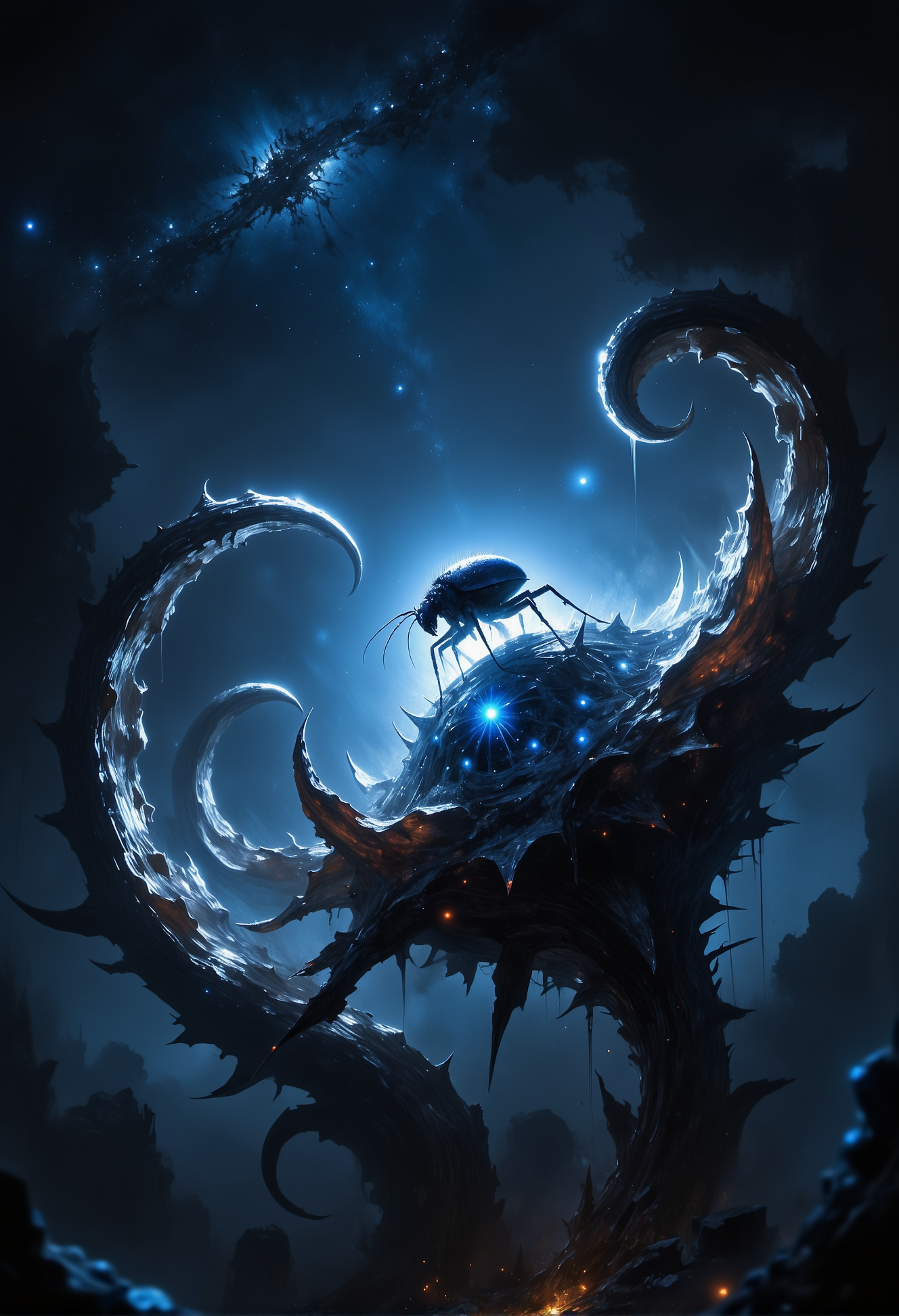 A tiny, firefly-inspired alien insect emitting a soft blue glow, nestled inside a strange, spiraling alien flower under a starry night sky. <lora:Dever_Flux_Enhancer.safetensors:0.5>,  <lora:artisketchyfs-v02.safetensors:0.75>,  <lora:Elden_Ring_-_Yoshitaka_Amano.safetensors:0.8>,  <lora:black_fantasy.safetensors:0.5>,