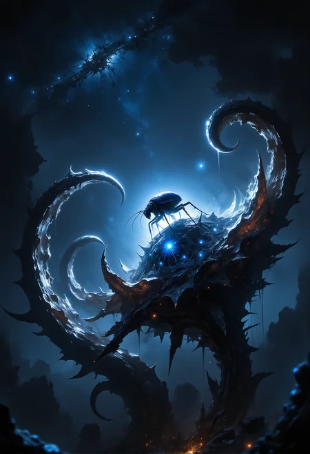 A tiny, firefly-inspired alien insect emitting a soft blue glow, nestled inside a strange, spiraling alien flower under a starry night sky. <lora:Dever_Flux_Enhancer.safetensors:0.5>, <lora:artisketchyfs-v02.safetensors:0.75>, <lora:Elden_Ring_-_Yoshitaka_Amano.safetensors:0.8>, <lora:black_fantasy.safetensors:0.5>,