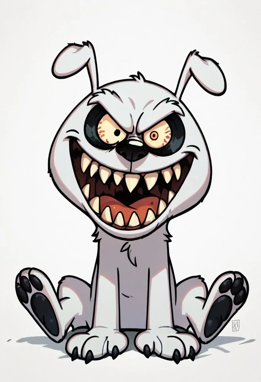 (score_9 | score_8_up | score_7_up) ((masterpiece:1))(best quality,very high quality,ultra detailed:1.2) (2D,cartoon style,anime style)(Smooth:2)(clean blurring) (four fingers on each hand,one thumb on each hand:1), solo, charles, dog, black spot on left eye, white fur, paw, dog paws, runaway brain, monstrous look, angry face, exagerated features, intense eyes, aggressie expression, hunched, menacing, sharp teeth, hunched over, full body