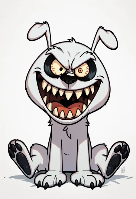 (score_9 | score_8_up | score_7_up) ((masterpiece:1))(best quality,very high quality,ultra detailed:1.2) (2D,cartoon style,anime style)(Smooth:2)(clean blurring) (four fingers on each hand,one thumb on each hand:1), solo, charles, dog, black spot on left eye, white fur, paw, dog paws, runaway brain, monstrous look, angry face, exagerated features, intense eyes, aggressie expression, hunched, menacing, sharp teeth, hunched over, full body