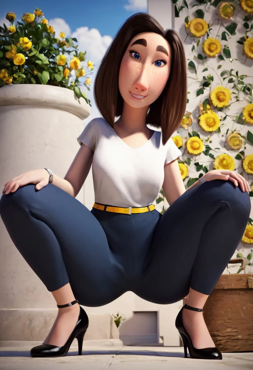 sarah (meetmyfamily), 1girl, long face, blue eyes, thick eyebrows, freckles, brown hair, medium hair, bob cut, white tucked in shirt, short sleeves, yellow belt, tight blue jeans, black high-heels, grey wristwatch, curvy, wide hips, thick thighs, score_8_up, score_7_up, BREAK, 1girl, solo, cute, from below, head tilt, crouching, ninja pose, looking at viewer, detailed background, 4k, masterpiece, best quality, highly detailed, realistic, low-angle shot, realistic, 3d, horny, smiling, biting lips,