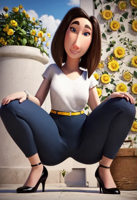sarah (meetmyfamily), 1girl, long face, blue eyes, thick eyebrows, freckles, brown hair, medium hair, bob cut, white tucked in shirt, short sleeves, yellow belt, tight blue jeans, black high-heels, grey wristwatch, curvy, wide hips, thick thighs, score_8_up, score_7_up, BREAK, 1girl, solo, cute, from below, head tilt, crouching, ninja pose, looking at viewer, detailed background, 4k, masterpiece, best quality, highly detailed, realistic, low-angle shot, realistic, 3d, horny, smiling, biting lips,