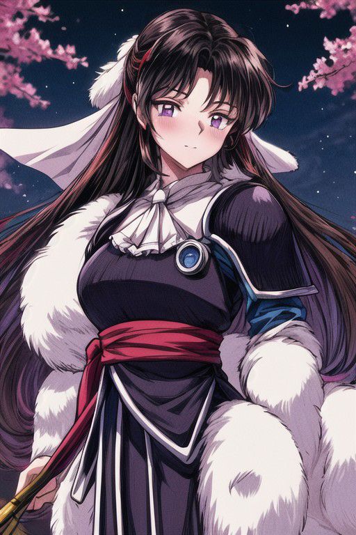 masterpiece,  best quality 1girl Setsun4 solo long hair,  (night time) forest background black hair very long hair purple eyes multicolored hair armor (fur trim) (medium body),<lora:EMS-179-EMS:0.800000>,<lora:EMS-293862-EMS:0.800000> bow, hair_bow, hair_tubes, red_bow, brown_hair, long_hair, bangs, ascot, frilled_bow, yellow_ascot, blush, smile, hair_between_eyes, athletic, armor