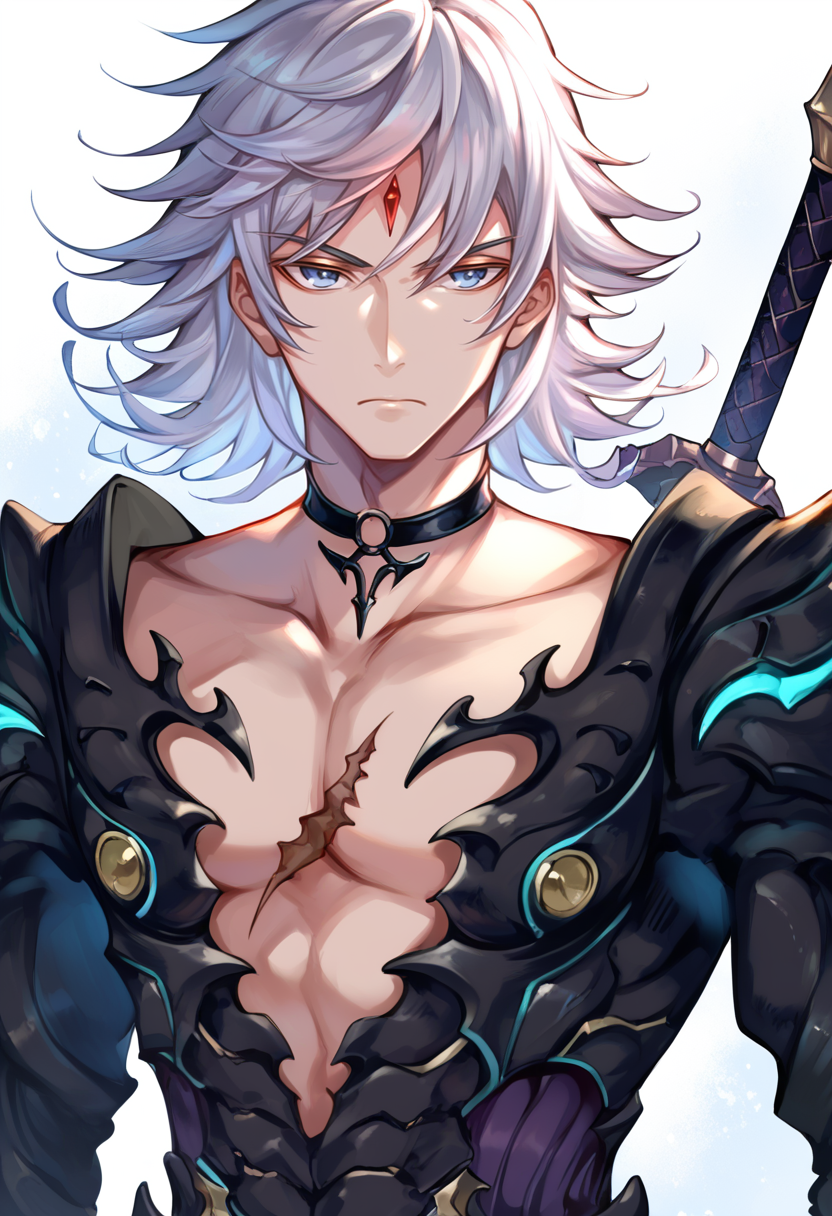 (score_9:0.9),score_8_up,score_7_up,anime style,rating_safe,(zPDXL),<lora:XB2 Jin ponyXL v3:0.7>,Jin-xb2,black armor,true form,1boy,male focus,solo,weapon,upper body,looking at viewer,closed mouth,collarbone,red forehead jewel,scar on chest,