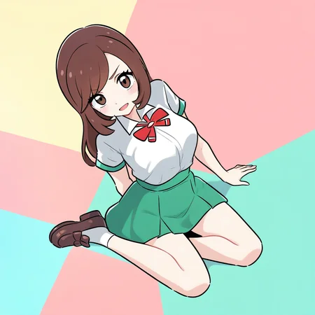 2d, masterpiece, best quality, amazing quality, highres, absurdres, newest, 1girl, solo, sitting, yokozuwari, from above, dutch angle, looking at viewer, multicolored background, simple background, colorful background, medium breasts, lasslgpe, lass \(pokemon lgpe\), brown eyes, brown hair, long hair, bangs, white shirt, collared shirt, short sleeves, red bowtie, green skirt, pleated skirt, miniskirt, white socks, ankle socks, loafers, brown footwear