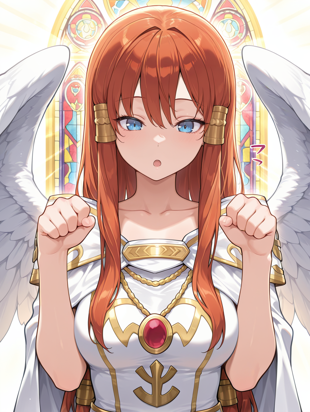 minerva - the exalted lightsworn,1girl,solo,open mouth,gold hair tubes,collarbone,upper body,white background,simple background,angel wings,white cape,white long dress,sound effect,paw pose,church,stained glass, light rays, 
masterpiece,best quality,amazing quality,very aesthetic,absurdres,newest,<lora:Minerva, the Exalted Lightsworn illuXL v1.1:0.75>,