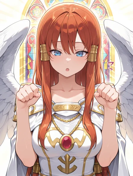 minerva - the exalted lightsworn,1girl,solo,open mouth,gold hair tubes,collarbone,upper body,white background,simple background,angel wings,white cape,white long dress,sound effect,paw pose,church,stained glass, light rays, 
masterpiece,best quality,amazing quality,very aesthetic,absurdres,newest,<lora:Minerva, the Exalted Lightsworn illuXL v1.1:0.75>,